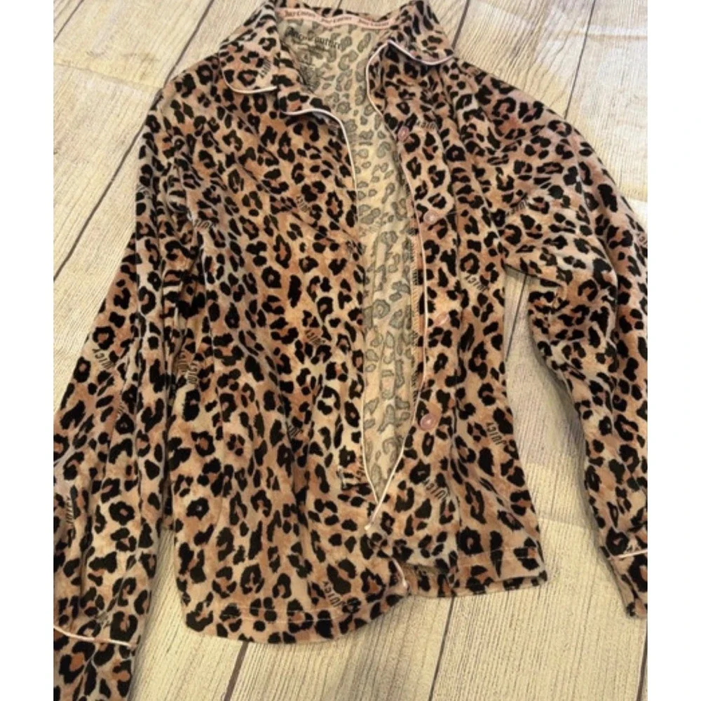 Juicy Couture Girls Leopard Print Pajama Top Velour Button Down Long Sleeve Sz 8